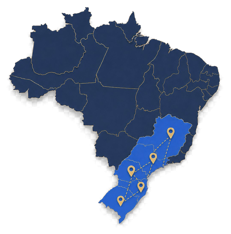 Mapa do Brasil destacando os estados atendidos pela AmbSolus: Rio Grande do Sul, Santa Catarina, Paraná, São Paulo e Minas Gerais